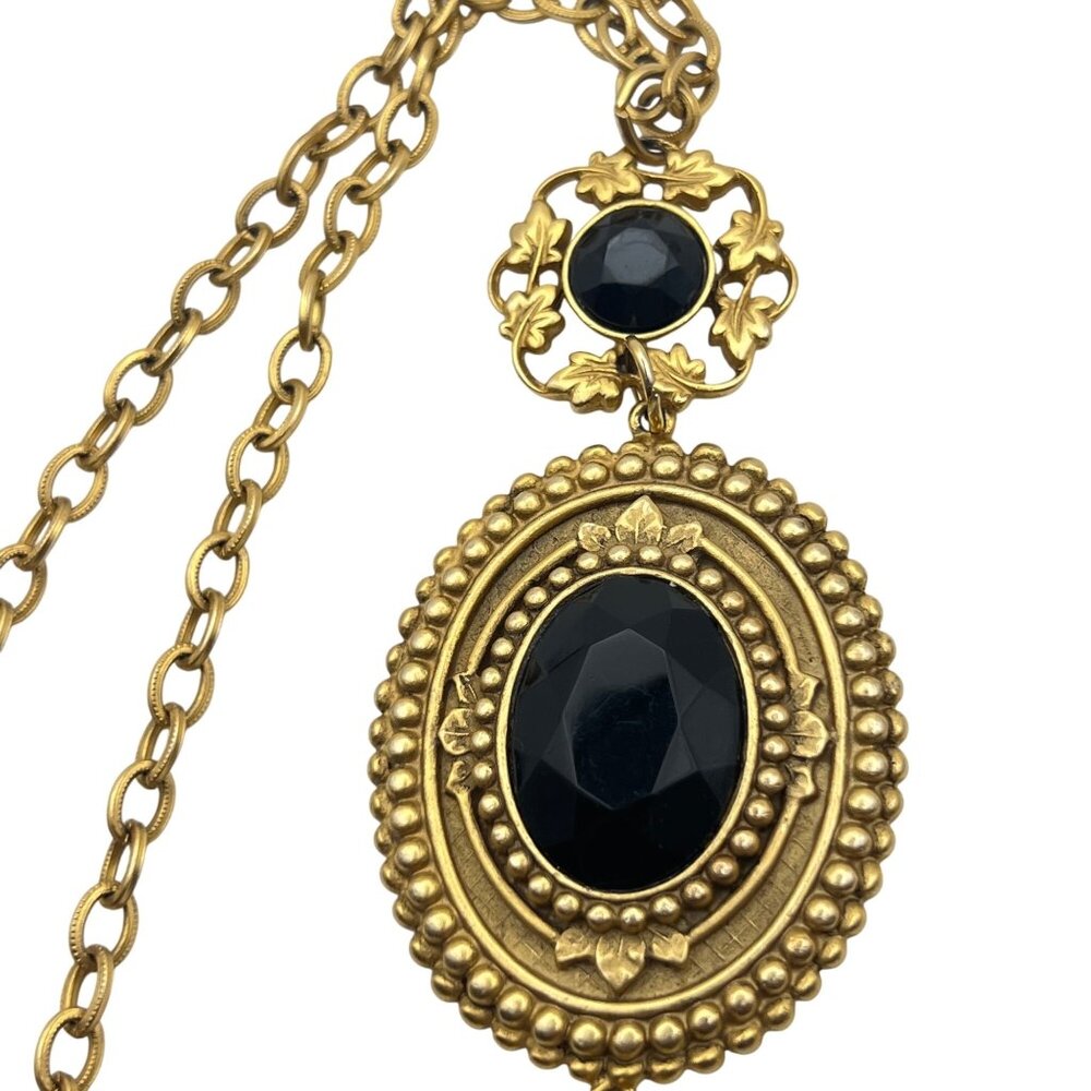 Gold Tone Victorian Revival Necklace Black Glass Medallions Tassel Pendant 36" - Picture 2 of 13